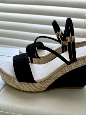 Women's Black Wedge Sandals with Gold Accent